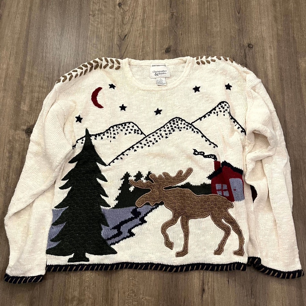 VTG Christopher & Banks Sweater Cream Moose Mountain Embroidered Womens Large